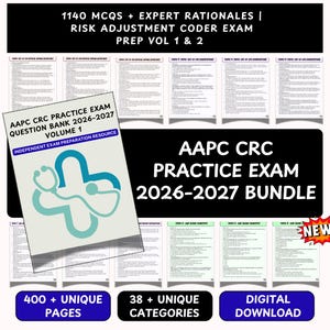 Könnte beinhalten: Ein digitales Lernpaket mit dem Titel AAPC CRC Practice Exam 2026-2027, das 1140 MCQs mit Expertenbegründungen auf über 400 Seiten und in 38+ Kategorien enthält. Das Cover zeigt ein medizinisches Kreuz mit Stethoskop und den Text NEW.