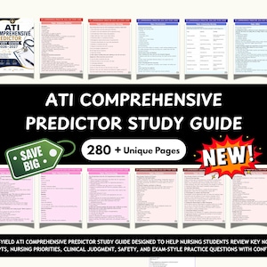 Puede incluir: La guía de estudio ATI Comprehensive Predictor 2026-2027 contiene más de 280 páginas únicas de contenido de enfermería. La imagen muestra una portada y varias páginas interiores con texto, tablas y listas, junto con una etiqueta verde Save Big y una estrella roja New.