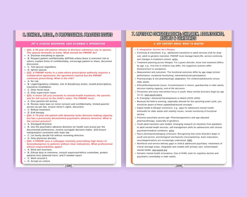 May include: Two pages of text with headings: "8. Ethical, Legal, & Professional Practice Issues" and "7. Lifespan Considerations, Children, Adolescents, Adults & Geriatrics." The text includes bullet points and subheadings, likely for educational or study purposes.