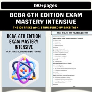 May include: A book titled "BCBA 6th Edition Exam Mastery Intensive" with the text "190+ pages" at the top. The cover features a 3D atom model in blue, purple, and yellow. The book includes the 104 tasks (A-I) structured by BACB task codes.