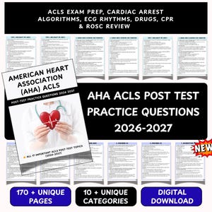 Op de afbeelding: Een digitale studiegids voor ACLS-examenvoorbereiding met algoritmen voor hartstilstand, ECG-ritmes, medicijnen, reanimatie en ROSC-herhaling. De omslag toont de tekst American Heart Association (AHA) ACLS Post-Test Practice Questions 2026-2027.