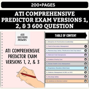 Könnte beinhalten: Ein Lehrbuchcover mit dem Titel "ATI Comprehensive Predictor Exam Versions 1, 2, & 3 600 Question". Das Cover enthält ein Inhaltsverzeichnis und eine Zeichnung einer Hand, die einen Stift hält. Das Buch hat über 200 Seiten.