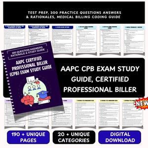 Pode incluir: Um guia de estudo para o exame AAPC Certified Professional Biller (CPB) com encadernação em espiral e capa roxa escura com um ícone de cérebro, capelo e sala de aula. O guia inclui 300 questões, respostas e mais de 190 páginas.