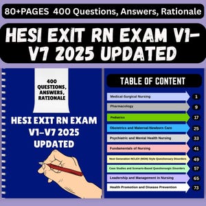 May include: A blue book cover with the text "HESI EXIT RN EXAM V1-V7 2025 UPDATED" and "400 QUESTIONS, ANSWERS, RATIONALE." The table of contents lists topics like Pediatrics and Fundamentals of Nursing. A hand is drawing with a red pen.
