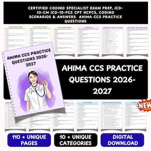 Op de afbeelding: Een digitale studiegids getiteld AHIMA CCS PRACTICE QUESTIONS 2026-2027 met een spiraalgebonden omslag en een illustratie van een medische professional. Het document bevat 110+ unieke pagina's, 10+ unieke categorieën en behandelt ICD-10-CM, ICD-10-PCS, CPT en HCPCS codering.