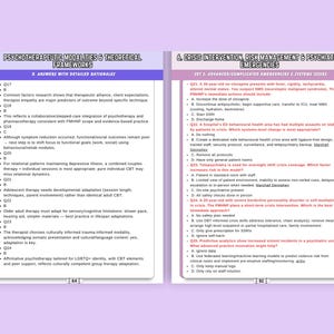 May include: Two-page spread from a textbook on psychiatric emergencies and psychotherapy. The left page focuses on psychotherapeutic modalities and theoretical frameworks, while the right page covers crisis intervention and risk management.