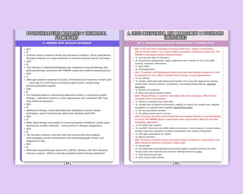 May include: Two-page spread from a textbook on psychiatric emergencies and psychotherapy. The left page focuses on psychotherapeutic modalities and theoretical frameworks, while the right page covers crisis intervention and risk management.