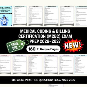 May include: An advertisement for a medical coding and billing certification exam preparation course. The image displays the text "MEDICAL CODING & BILLING CERTIFICATION (MCBC) EXAM PREP 2026-2027" and "500 MCBC PRACTICE QUESTIONS EXAM 2026 2027". It also includes "160 + Unique Pages" and "NEW!"