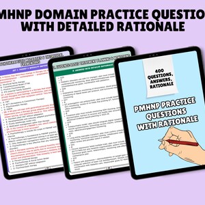 May include: Three digital tablets displaying educational content. The screens show the text "PMHNP Domain Practice Questions With Detailed Rationale." One tablet displays "400 Questions, Answers, Rationale."