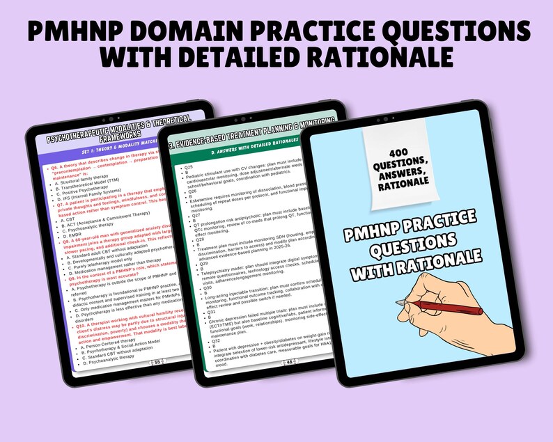 May include: Three digital tablets displaying educational content. The screens show the text "PMHNP Domain Practice Questions With Detailed Rationale." One tablet displays "400 Questions, Answers, Rationale."