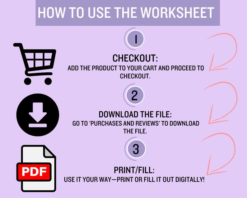 May include: A lilac-colored graphic with instructions on how to use a worksheet. The steps include adding the product to your cart, downloading the file, and printing or filling it out digitally. Icons include a shopping cart, a download symbol, and a PDF document.