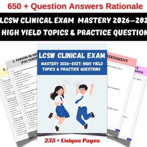 Puede incluir: Imagen de una portada de libro titulada "LCSW Clinical Exam Mastery 2026-2027: High Yield Topics & Practice Questions". La portada presenta dos estudiantes de dibujos animados y el texto "235+ Unique Pages". También se ven páginas de examen.