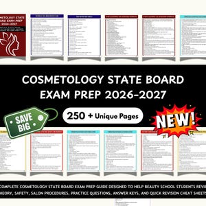Puede incluir: Una guía de preparación para el examen de la junta estatal de cosmetología para 2026-2027. La portada presenta una silueta estilizada y texto. La guía incluye más de 250 páginas únicas y está diseñada para ayudar a los estudiantes de escuelas de belleza.