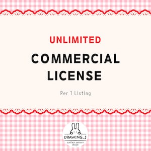May include: A graphic with the words "UNLIMITED COMMERCIAL LICENSE" in black and red text. Below the text is "Per 1 Listing". The background is a light peach colour with a red and white gingham pattern at the bottom and top. A logo with a bunny is in the bottom right corner.
