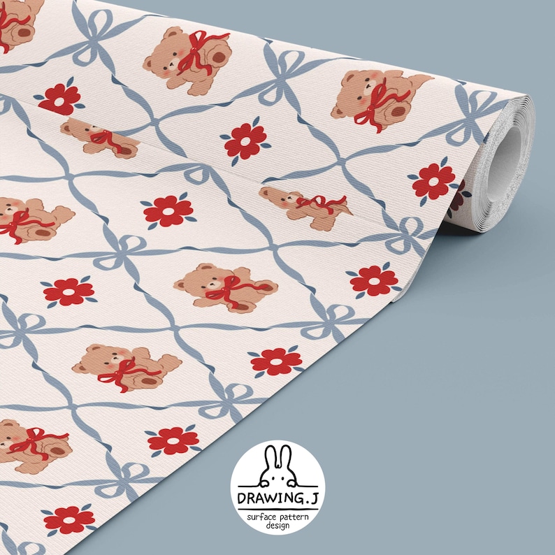 Valentine Teddy Bear Seamless Pattern | Cute Ribbon Bear & Flower ...