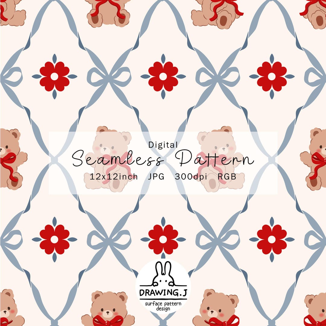 Valentine Teddy Bear Seamless Pattern | Cute Ribbon Bear & Flower ...