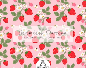Strawberry Floral Seamless Pattern | Cottagecore Kawaii Digital Paper (Digital Download)