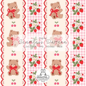 Puede incluir: Un patrón digital sin costuras con ilustraciones repetidas de osos de peluche con lazos rojos, fresas y cerezas. El diseño incluye un fondo de cuadros rosas y blancos y bordes decorativos de encaje rojo. Se incluye el texto "Seamless Pattern".