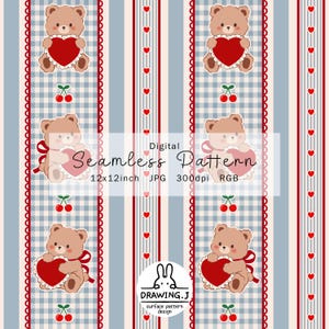 Può includere: Motivo digitale senza cuciture con orsetti ripetuti che tengono cuori, ciliegie e strisce verticali in rosso, bianco e blu. Il motivo include il testo "Digital Seamless Pattern" e le dimensioni 30,48 x 30,48 cm.
