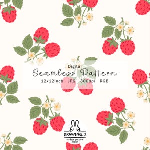 Könnte beinhalten: Ein digitales nahtloses Muster mit roten Himbeeren, grünen Blättern und kleinen weißen Blüten auf cremefarbenem Hintergrund. Das Design enthält den Text "Seamless Pattern" und "DRAWING.J". Das Muster ist 30,48 cm x 30,48 cm groß.