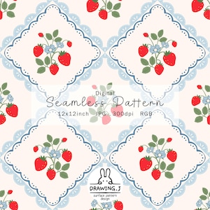 Strawberry Floral Seamless Pattern(Blue Lace) | Vintage Cottagecore Digital Paper (Digital Download)