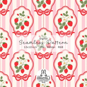 May include: Digital seamless pattern with a repeating design of strawberries, flowers, and leaves within ornate frames. The frames are set against a pink and white striped background, with red bows. The text "Seamless Pattern" is visible.