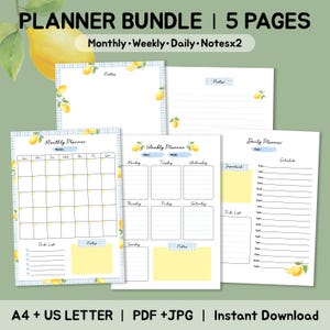 May include: A digital planner bundle featuring five pages with lemon and blue gingham motifs. The set includes a monthly calendar, a weekly planner, a daily schedule with a to-do list, and two notes pages. Text includes PLANNER BUNDLE, 5 PAGES, Monthly, Weekly, Daily, Notes, and A4 + US LETTER.