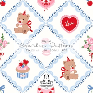 Könnte beinhalten: Ein digitales nahtloses Muster mit einem sich wiederholenden Design aus Teddybären, Kuchen, Herzen und Blumen. Das Muster enthält den Text "Digital Seamless Pattern" und "12x12 inch". Die Farbpalette umfasst Rosa, Rot, Blau und Weiß.