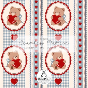 Valentine Teddy Bear Heart Seamless Pattern | Retro Gingham (Digital Download)