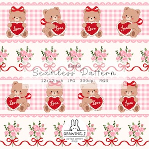 Peut inclure: Motif répété avec des ours en peluche tenant des coeurs avec le mot "Love". Les ours ont des noeuds rouges et sont placés sur un fond à carreaux rose et blanc. Des roses roses et des rubans complètent le motif. Le texte "Seamless Pattern" est également inclus.