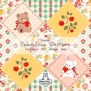 Puede incluir: Un patrón digital sin costuras con cuatro marcos en forma de diamante sobre un fondo de cuadros verdes y blancos con motivos florales. Los marcos contienen ilustraciones de un oso pardo, un conejo blanco y ramas de manzano. Texto: Digital Seamless Pattern 12x12inch JPG 300dpi RGB y DRAWING.J surface pattern design.