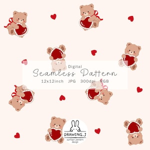 Puede incluir: Patrón digital sin costuras con ilustraciones repetidas de osos de peluche sosteniendo objetos en forma de corazón, y corazones rojos sobre un fondo rosa claro. Se muestra el texto "Digital Seamless Pattern", junto con las dimensiones y el tipo de archivo.