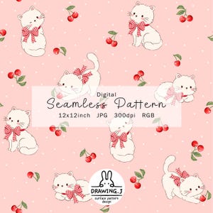 May include: Digital seamless pattern featuring white cartoon cats with red gingham bows and cherries on a pink background. The pattern includes the text "Digital Seamless Pattern" and the dimensions 12x12 inches.
