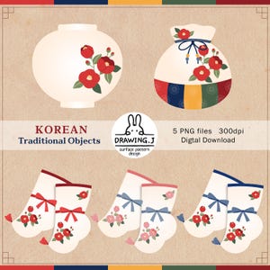 May include: Digital download featuring Korean traditional objects. The image includes a white vase and a pouch, both adorned with red floral designs. Also shown are pairs of white socks with floral and bow accents. The text "KOREAN Traditional Objects" is visible.