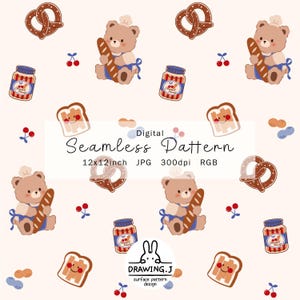 Könnte beinhalten: Digitales nahtloses Muster mit einem sich wiederholenden Design eines Kochbären, der ein Baguette, Brezeln, Toast, Marmeladengläser, Kirschen und Erdnüsse hält. Der Text "Seamless Pattern" wird angezeigt. Das Muster ist 30,48 x 30,48 cm groß.