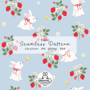 Strawberry Bunny Seamless Pattern | Spring Rabbit Digital Paper (Digital Download)