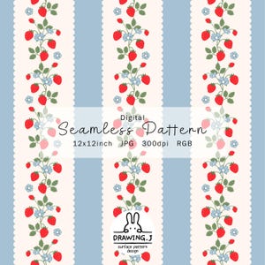 Peut inclure: Motif numérique sans couture avec des rayures verticales bleu clair et crème. Le motif présente des fraises rouges, des feuilles vertes et de petites fleurs bleues. Le texte "Seamless Pattern" est affiché.