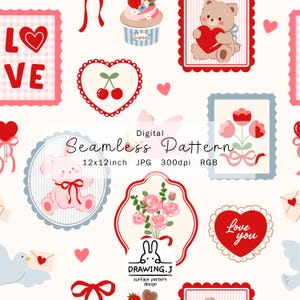 以下が含まれることがあります： バレンタインデーをテーマにしたイラストが特徴のデジタルシームレスパターン。デザインには、ハート、テディベア、カップケーキ、さくらんぼ、バラ、「Love」と「Love you」の文字が含まれています。パターンは30.48 x 30.48 cm、300 dpi、RGBです。