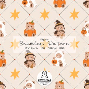 May include: A digital seamless pattern featuring brown teddy bears in Halloween costumes, including ghosts and witches with pumpkins, set against a beige diamond grid with yellow stars. Text reads: Digital Seamless Pattern 12x12inch JPG 300dpi RGB.