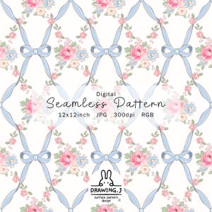 May include: Digital seamless pattern featuring a repeating floral design with pink roses, blue forget-me-nots, and light blue ribbons. The pattern is 12x12 inches and includes the text "Seamless Pattern".