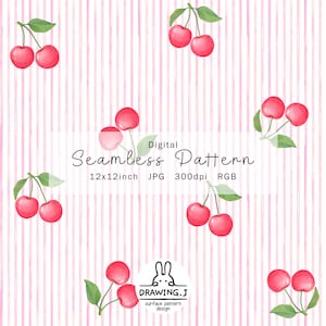 Pode incluir: Padrão digital sem costura com cerejas vermelhas em aquarela e folhas verdes em um fundo listrado rosa. O padrão tem 30,48 x 30,48 cm, JPG, 300 dpi e RGB. O texto "Seamless Pattern" é exibido.