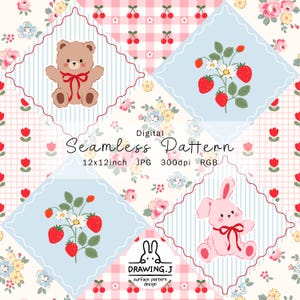 Motif sans couture vintage patchwork ours en peluche et lapin | Papier numérique floral fraise et cerise (Téléchargement numérique)