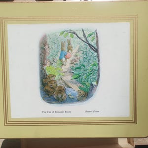 May include: A rectangular placemat with a light yellow border and a framed illustration. The illustration depicts a scene from "The Tale of Benjamin Bunny" by Beatrix Potter, featuring rabbits and other animals in a forest setting.