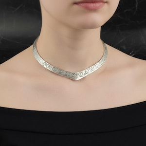 Silver Chevron Torque Necklace, Engraved Celtic Choker, Boho Collar