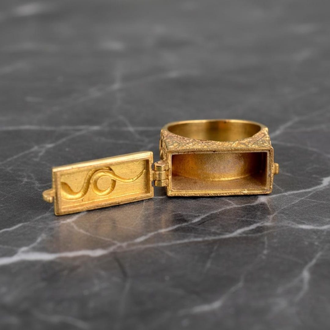 Gold Rectangle Poison Ring With Hinge Door, Secret Compartment Jewelry ...