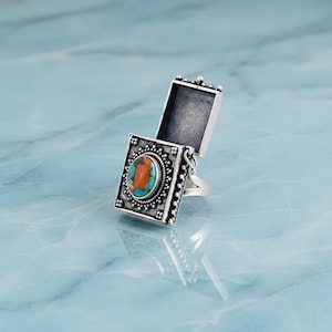 Turquoise Spiny Oyster Poison Ring, Sterling Silver Locket Ring, Boho Secret Compartment Jewelry,Pill Box Ring, Hidden Treasure Gift for Her