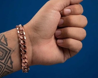 Pulsera de cadena cubana de cobre macizo para hombre, joyería llamativa de eslabones gruesos, pulsera unisex de cobre, regalo para él, regalo de aniversario