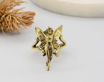 Gold Fairy Ring • Ethereal Winged Pixie Jewelry • Fantasy Goddess Statement Ring • Whimsical Angel Ring • Mythological Gift for Her