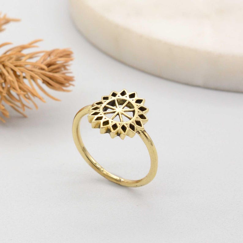 Gold Sun Ring, Minimalist Sunburst Stacking Ring, Delicate Celestial ...