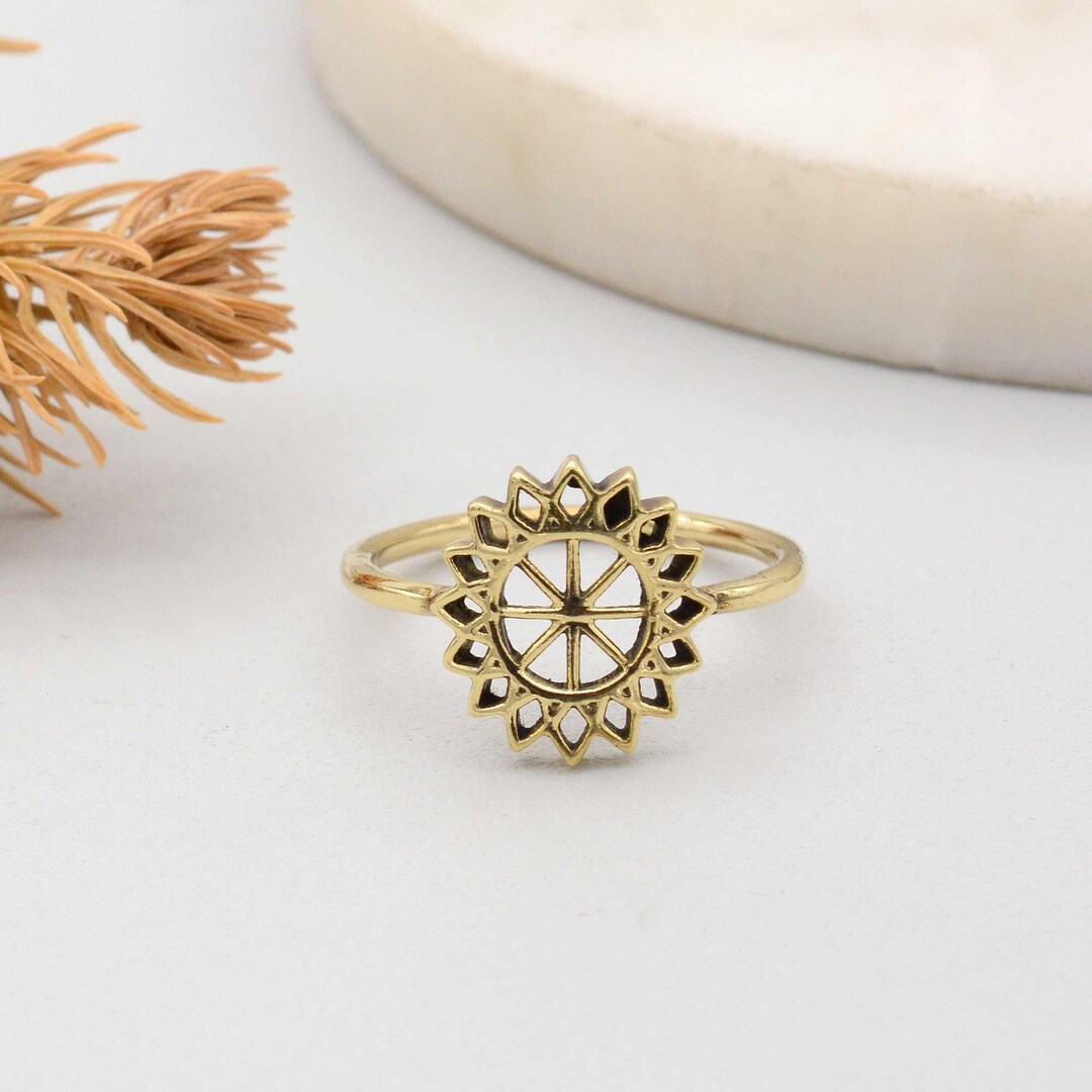 Gold Sun Ring, Minimalist Sunburst Stacking Ring, Delicate Celestial ...